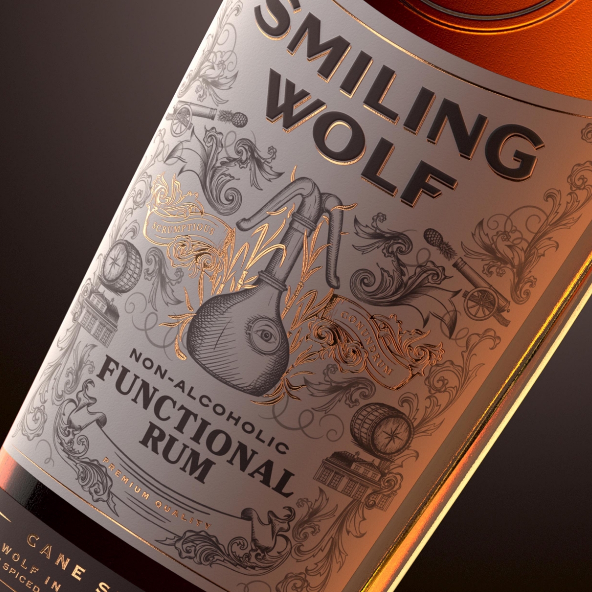 Close-up of the Smiling Wolf Functional Rum label, showing detailed gold and black illustrations of stills, barrels, and cannons.