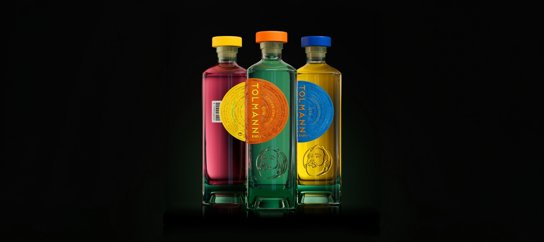 Five bottles of Smiling Wolf non-alcoholic spirits arranged against a dark backdrop with a gnarled wood branch.